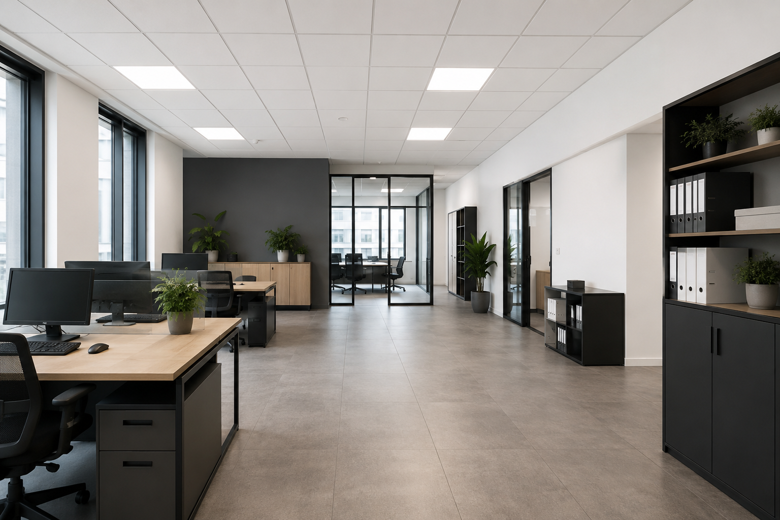 Intérieur de bureau moderne avec bureaux, ordinateurs, étagères et un grand couloir ouvert