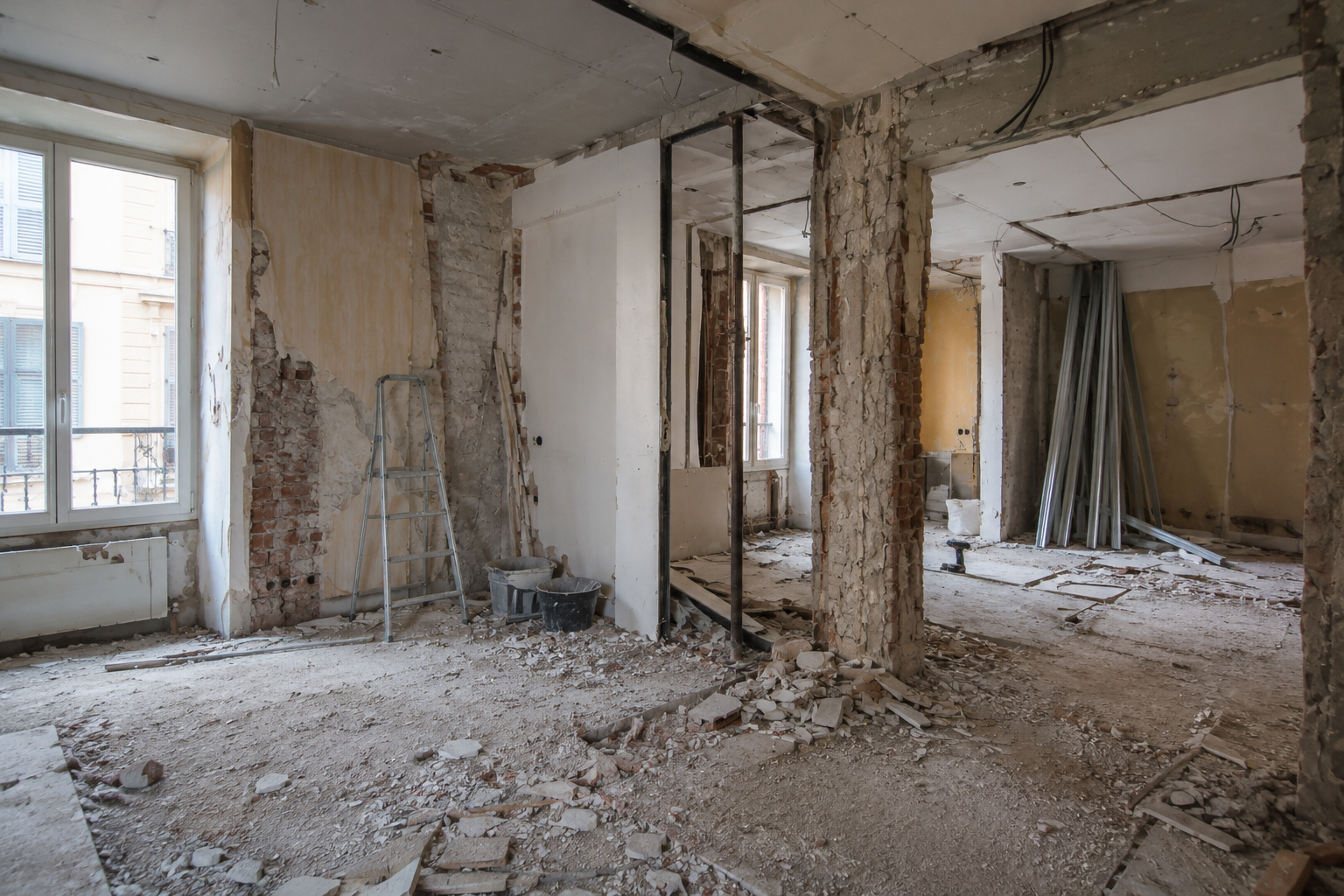 Intérieur d'appartement endommagé avec murs apparents, débris et poussière de chantier lors des travaux de rénovation