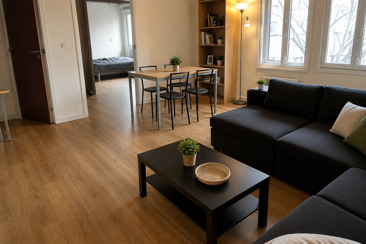Salon moderne avec canapé noir, table basse, coin repas et parquet