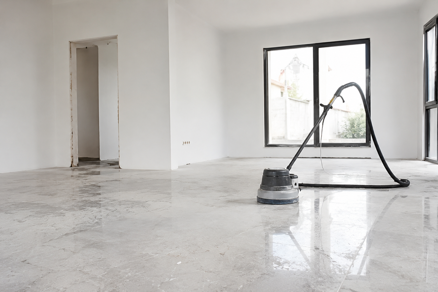 Pièce blanche vide avec un sol ciré et une cireuse à parquet près d'une grande fenêtre