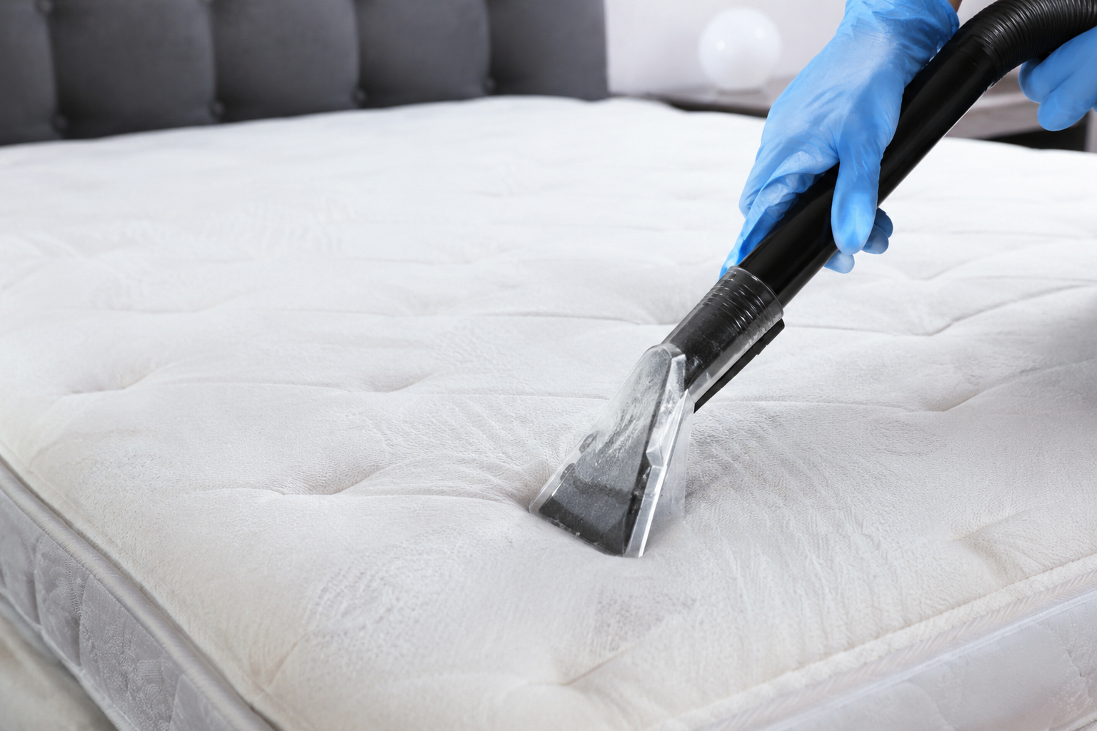 Une personne utilise un aspirateur pour nettoyer un matelas blanc