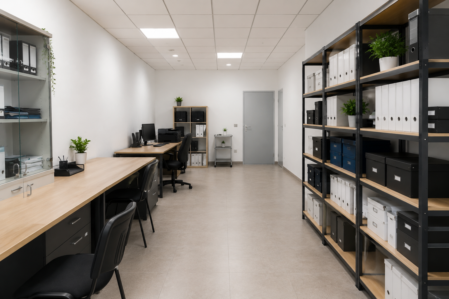 Bureau lumineux avec un long bureau, des chaises noires, des étagères et des boîtes dans une pièce blanche impeccable