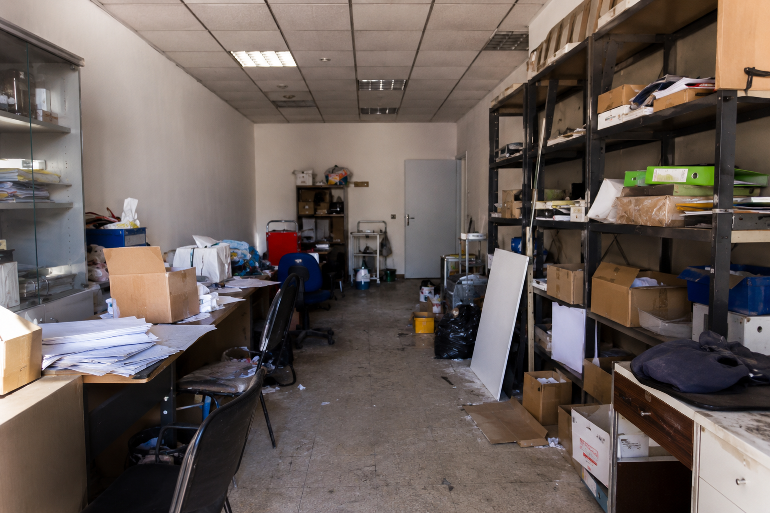 Pièce de stockage encombrée d'étagères, de cartons, de papiers et de matériel de bureau, le long d'un couloir étroit.