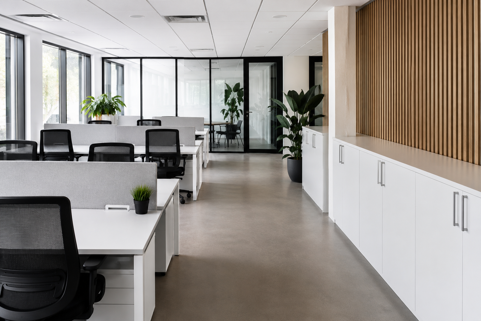 Bureau moderne à aire ouverte avec bureaux, chaises noires, plantes et armoires blanches le long d'un mur lambrissé