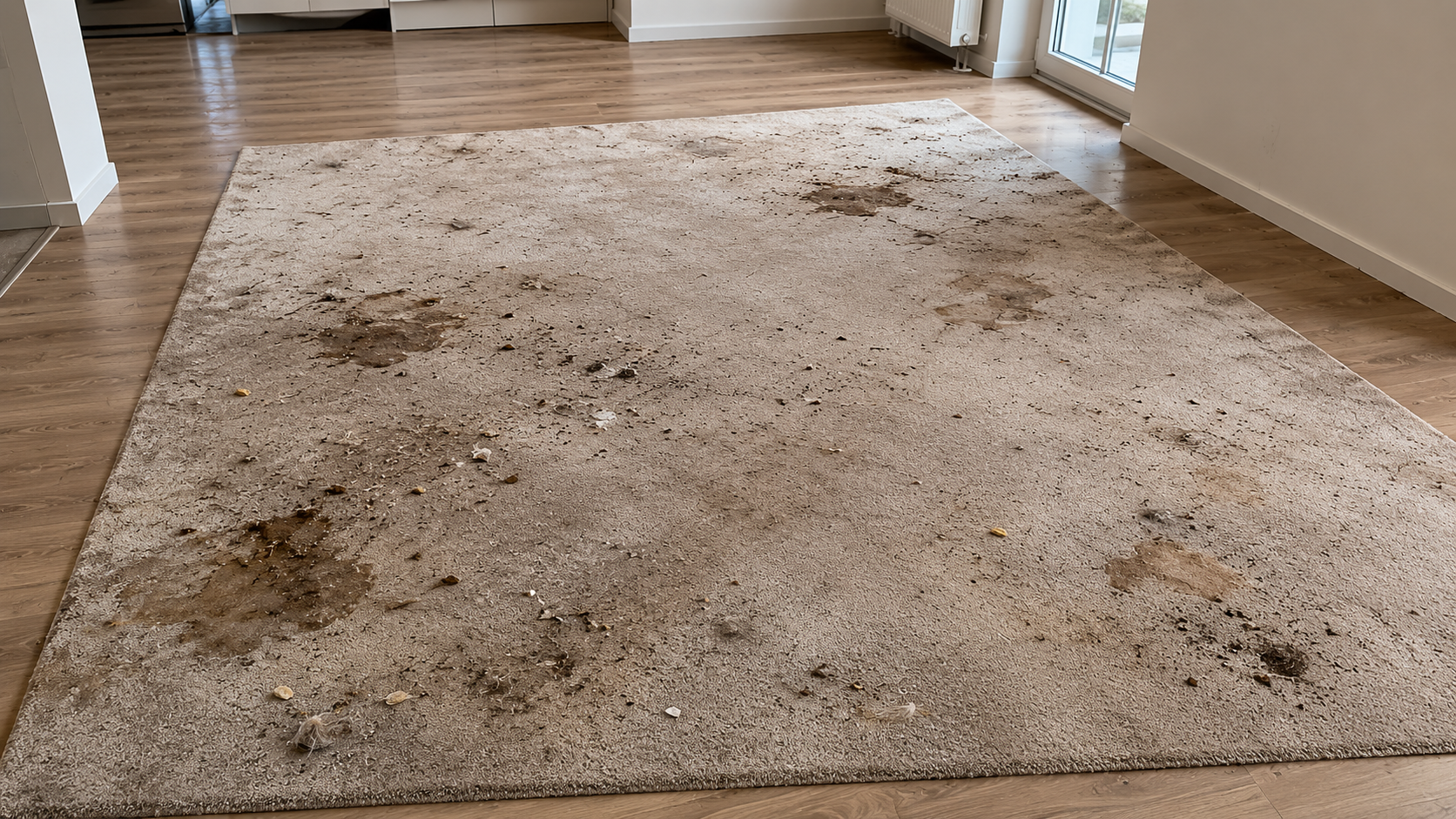 Moquette beige très tachée dans un salon lumineux près de portes coulissantes en verre.