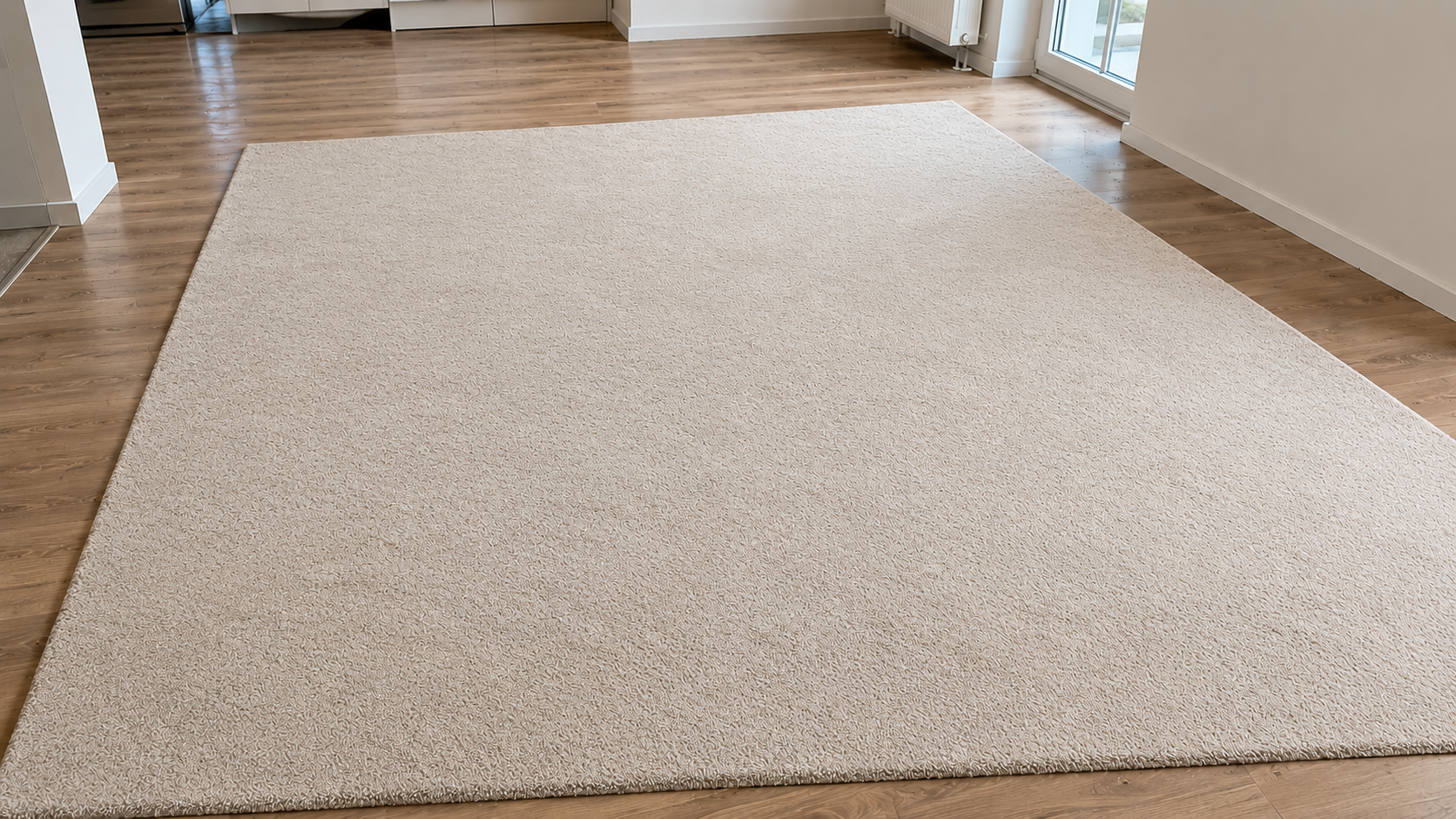 Grand tapis beige sur parquet dans une pièce lumineuse près d'une fenêtre.