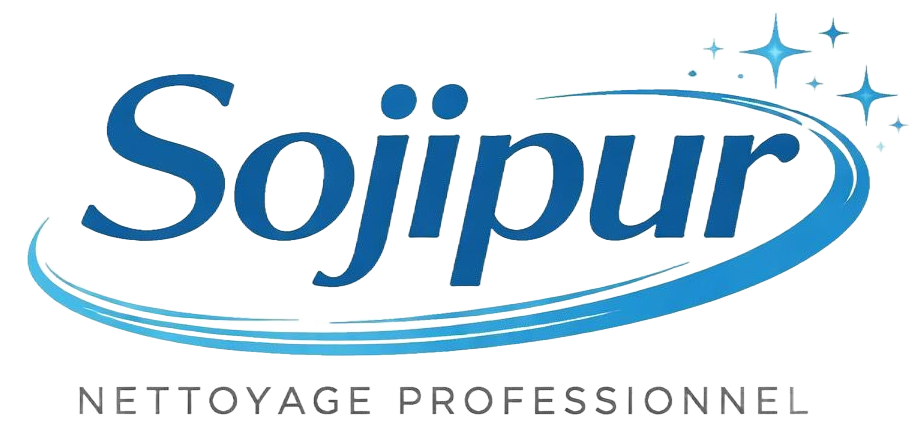 Logo Sojipur bleu avec un swoosh et les mots « Nettoyage Professionnel » en dessous