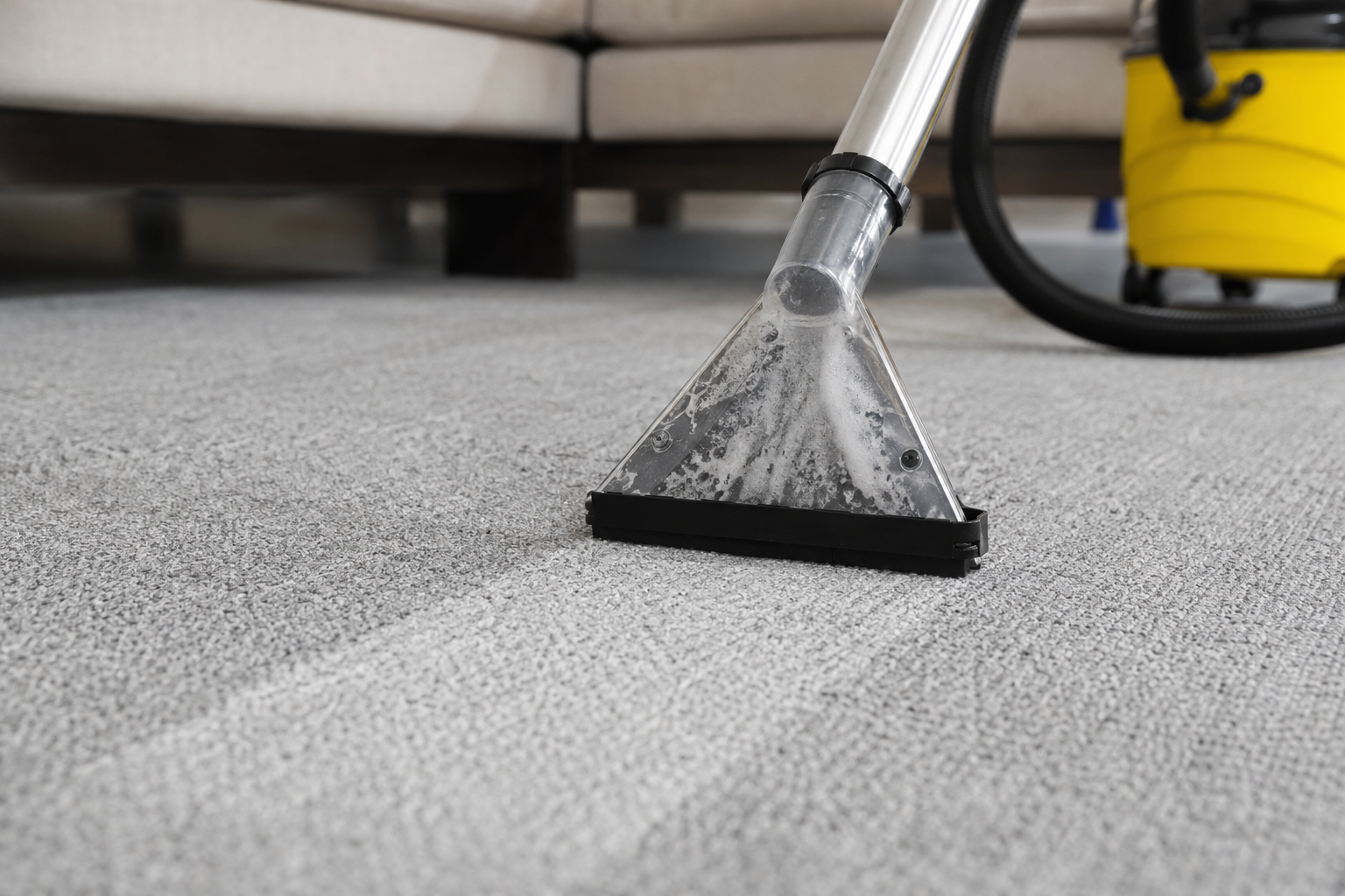 Passer l'aspirateur sur un tapis gris près d'un canapé avec un aspirateur à cartouche jaune