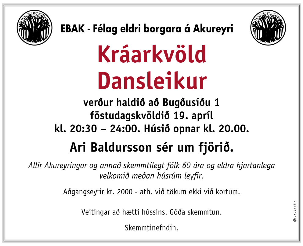 Kráarkvöld föstudaginn 19. apríl
