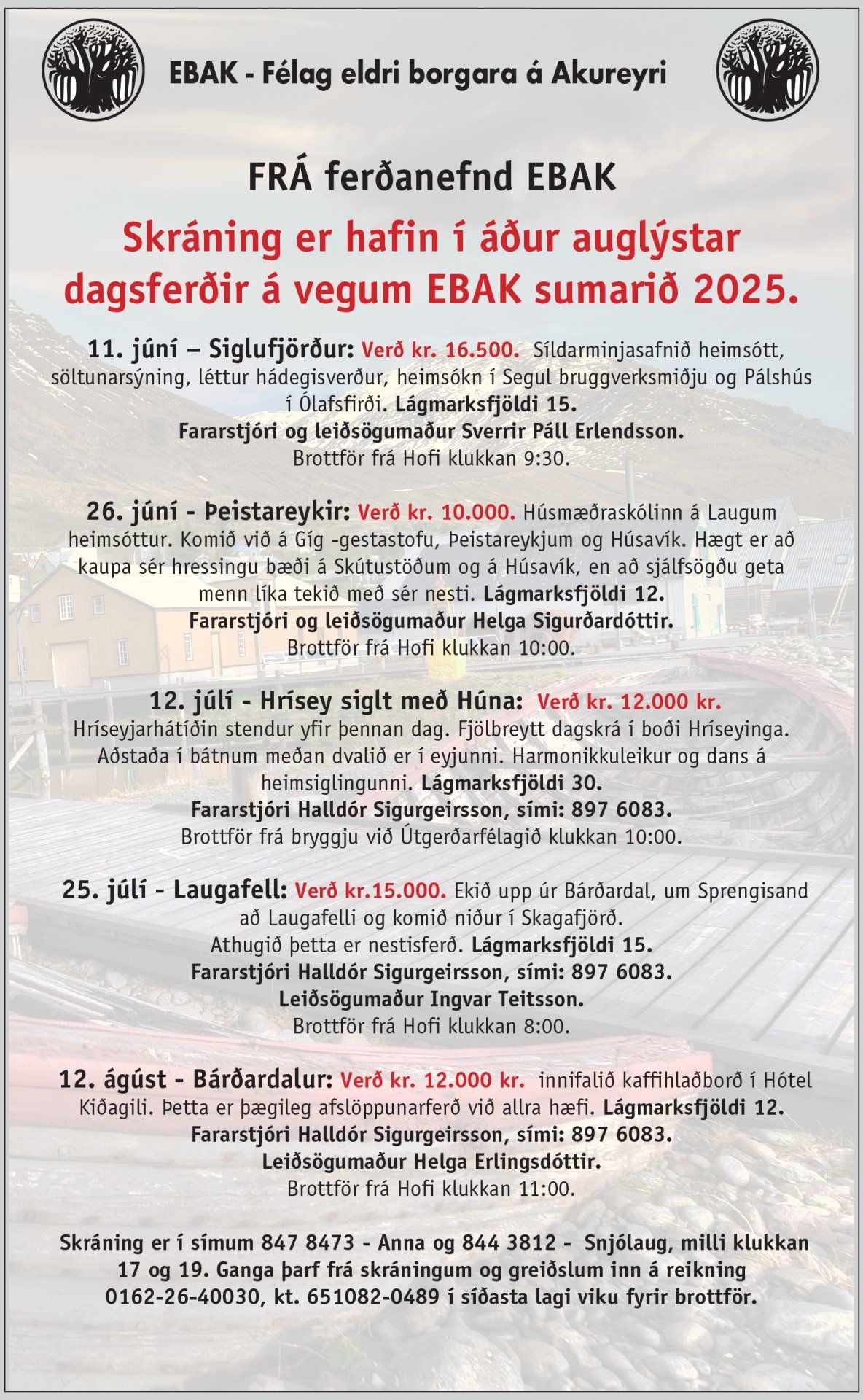 Skráning í dagsferðir EBAK sumarið 2025