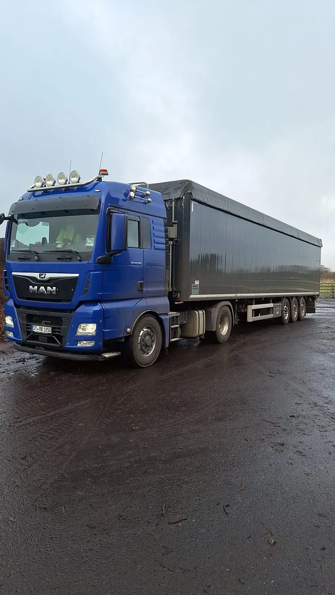 Ein blauer Sattelschlepper steht am Straßenrand.