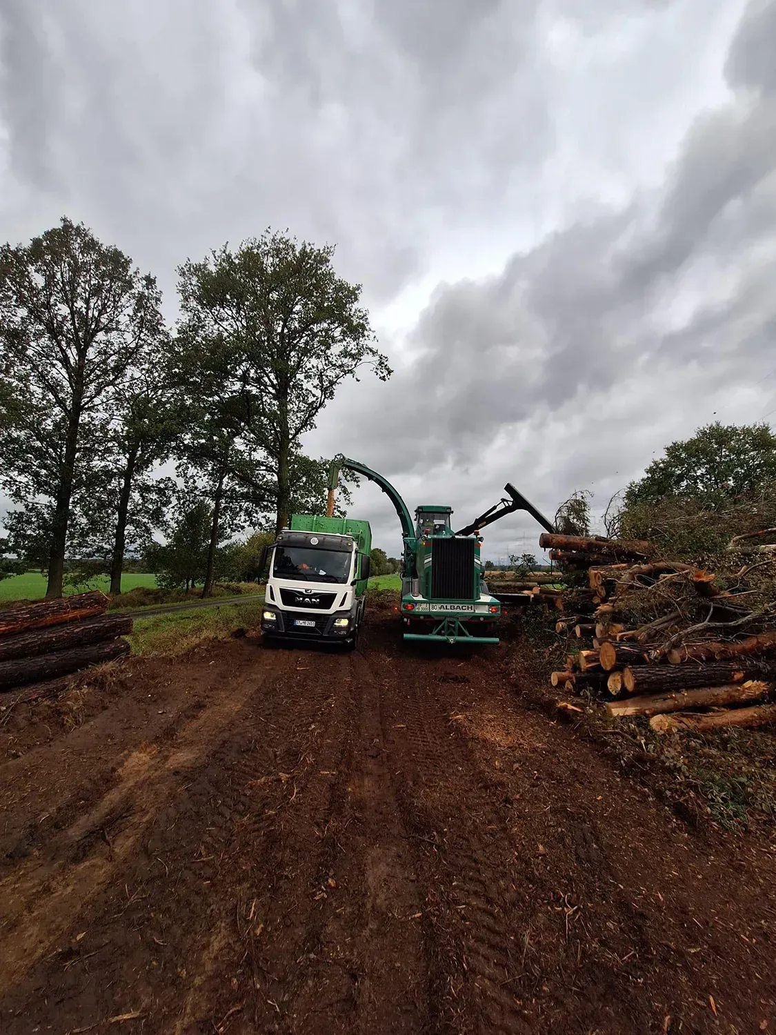 Ein Lastwagen fährt auf einer unbefestigten Straße neben einem Baumhäcksler her.