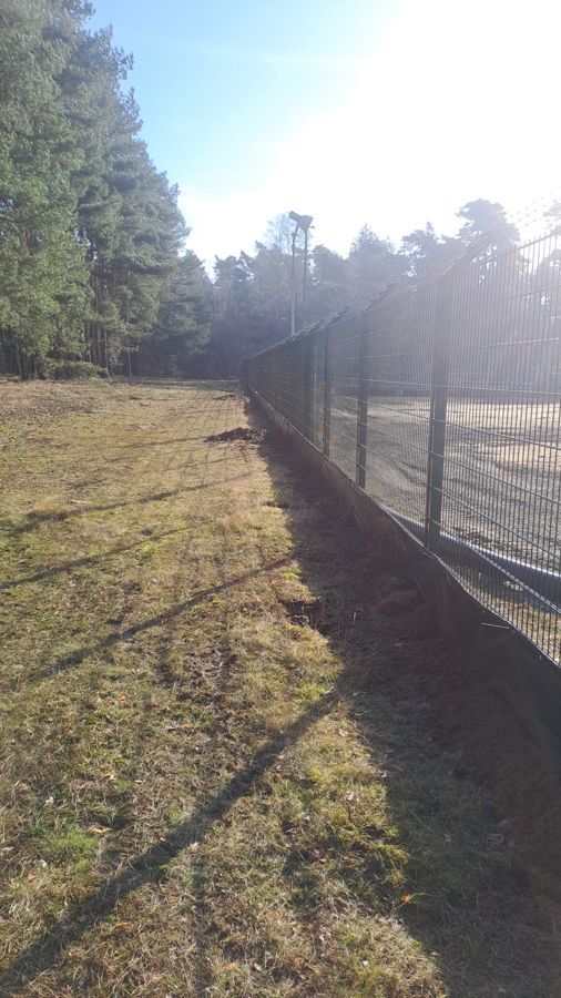 Ein Zaun umgibt eine Wiese mit Bäumen im Hintergrund.