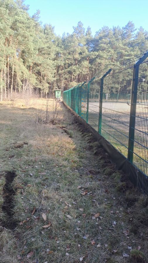 Ein grüner Zaun umgibt ein Feld mit Bäumen im Hintergrund.