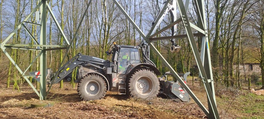 Ein Traktor arbeitet an einer Stromleitung im Wald.