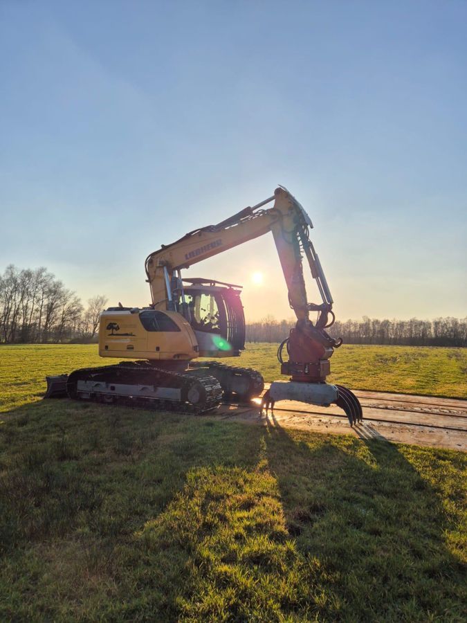 Ein gelber Bagger steht am Straßenrand auf einem Feld.