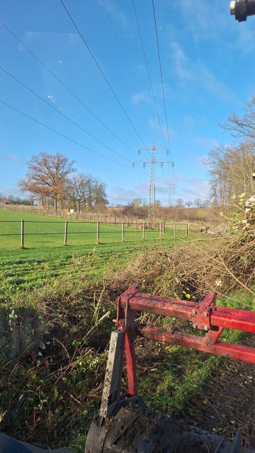 Ein roter Traktor fährt durch eine Wiese, im Hintergrund sind Stromleitungen zu sehen.