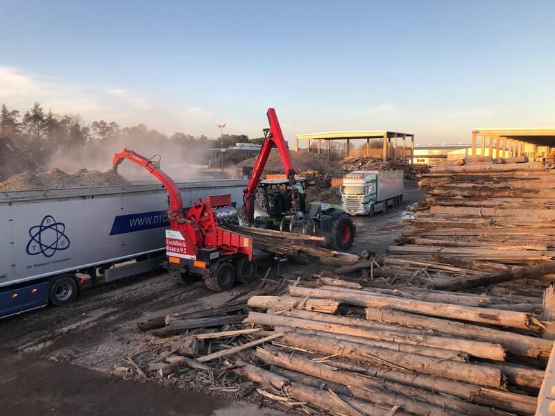 Ein großer Stapel Baumstämme wird auf einen Lastwagen geladen.