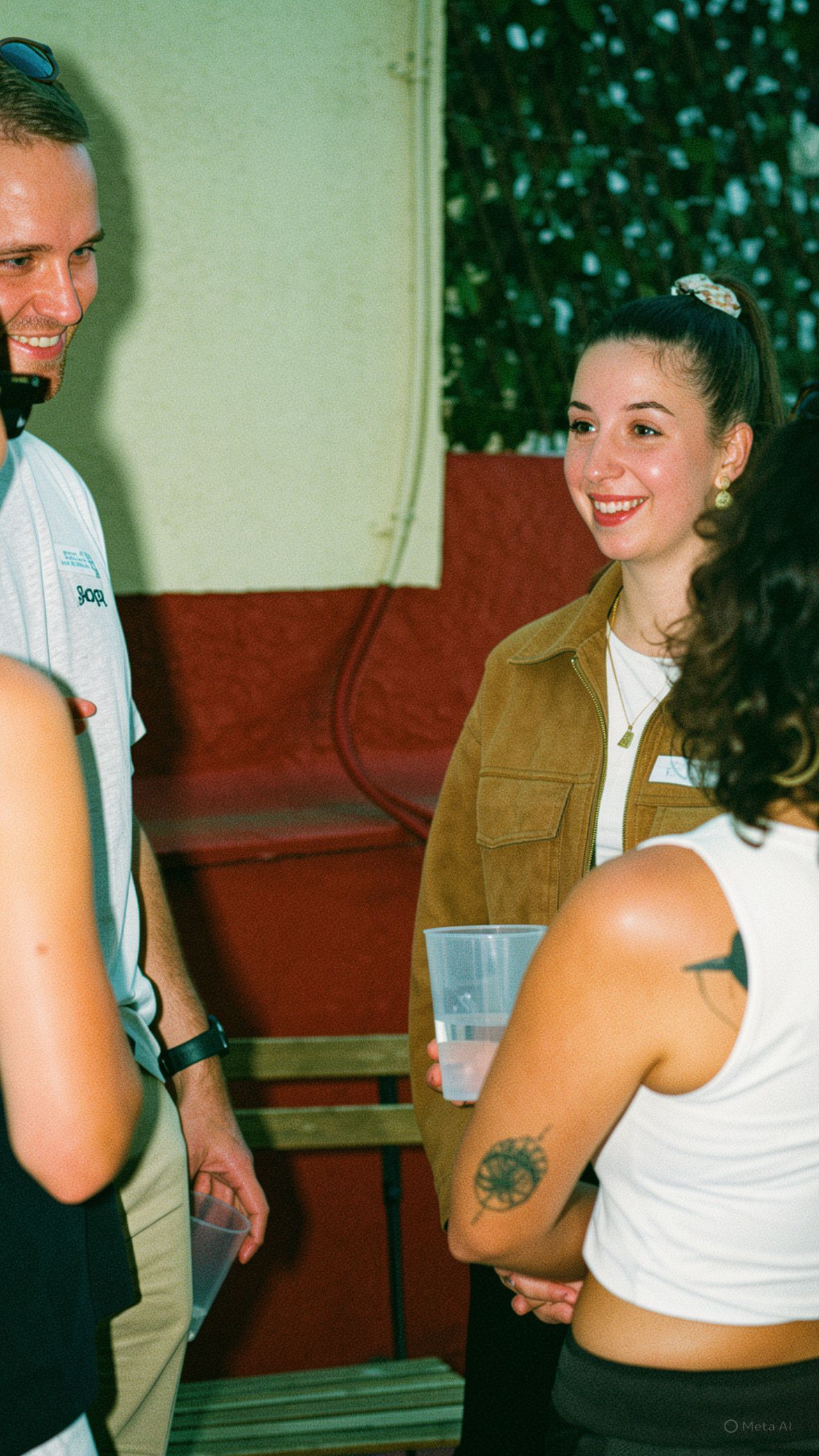 Gente socializando en el interior, sonriendo cerca de un sofá rojo y una pared verde.