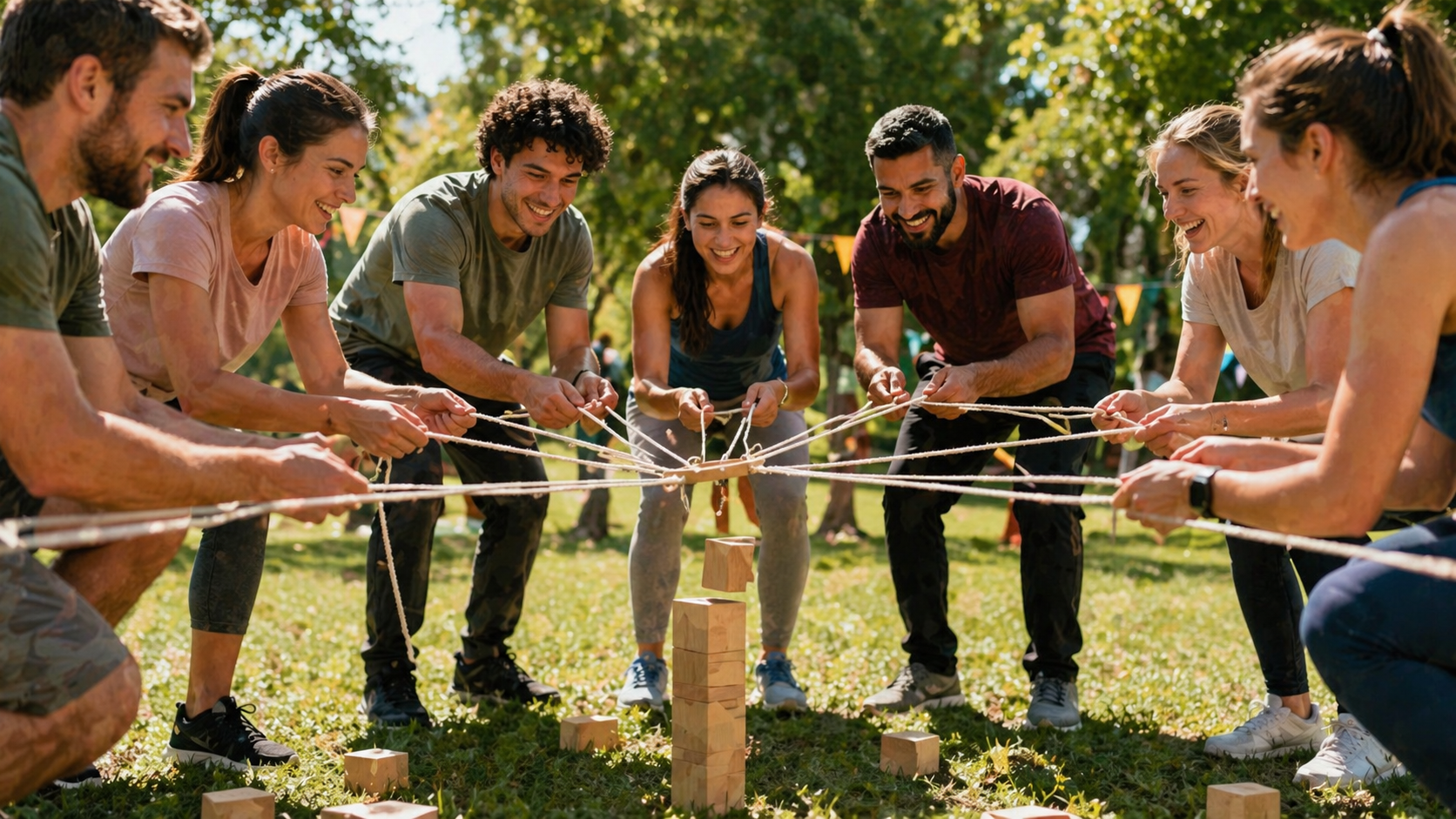 Un grupo de personas al aire libre participan en un juego de equipo con cuerda y estacas sobre el césped, concentradas y sonrientes.