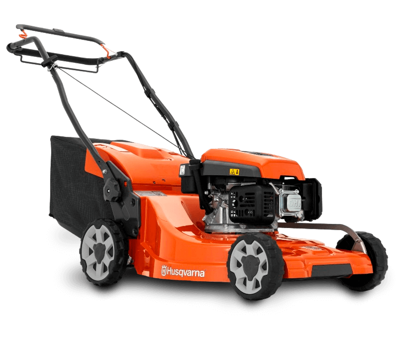 Una cortadora de césped Husqvarna está sobre una superficie blanca.