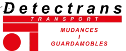 Logotipo de "Detectrans", empresa de mudanzas y almacenamiento. Incluye texto y elementos de diseño en rojo y negro.