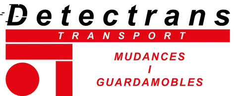 Logotipo de "Detectrans", empresa de mudanzas y almacenamiento. Incluye texto y elementos de diseño en rojo y negro.