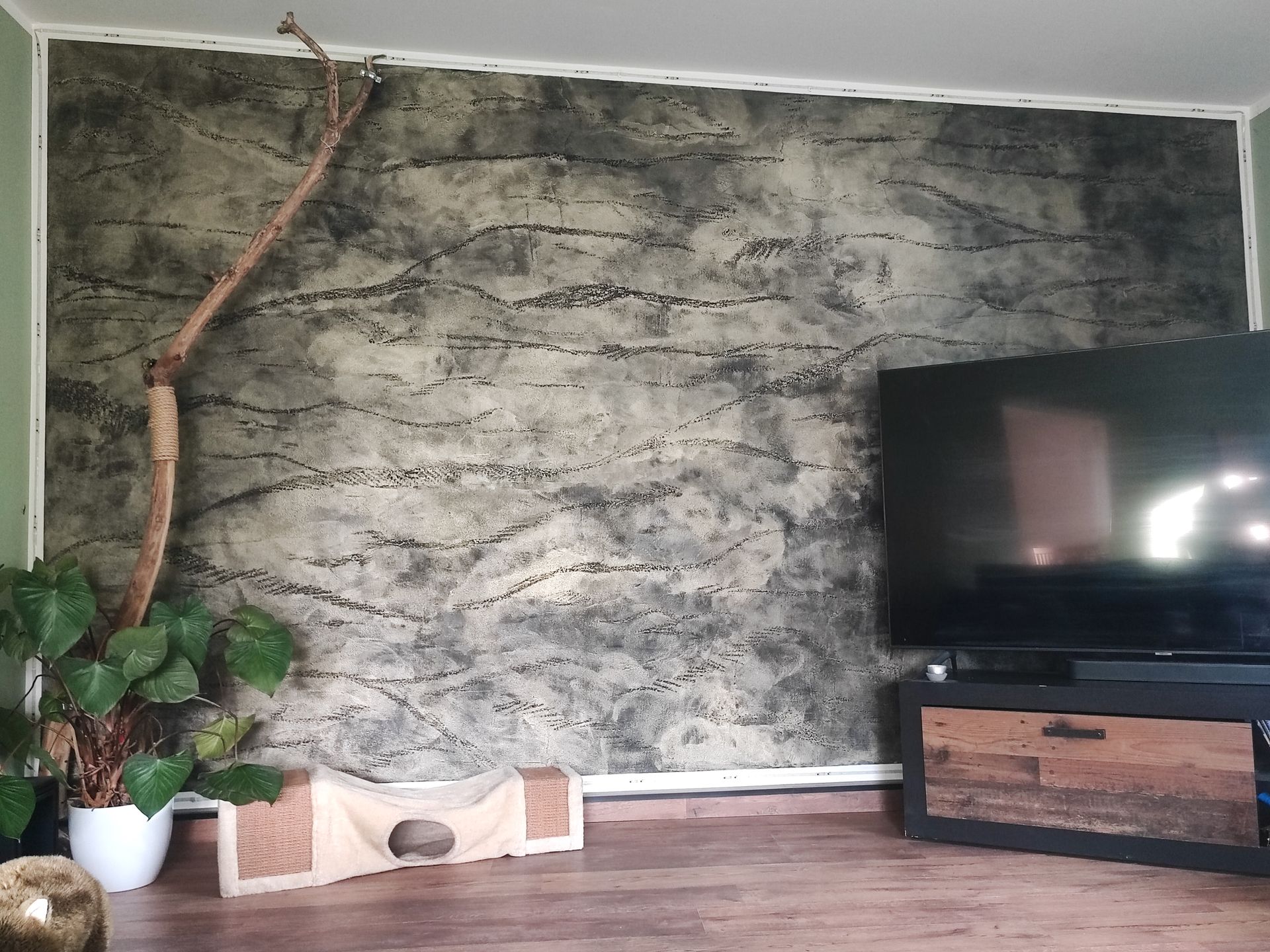 Wohnzimmer mit strukturierter grauer Wand, Fernseher, Holzkonsole, Pflanze und dekorativem Ast.