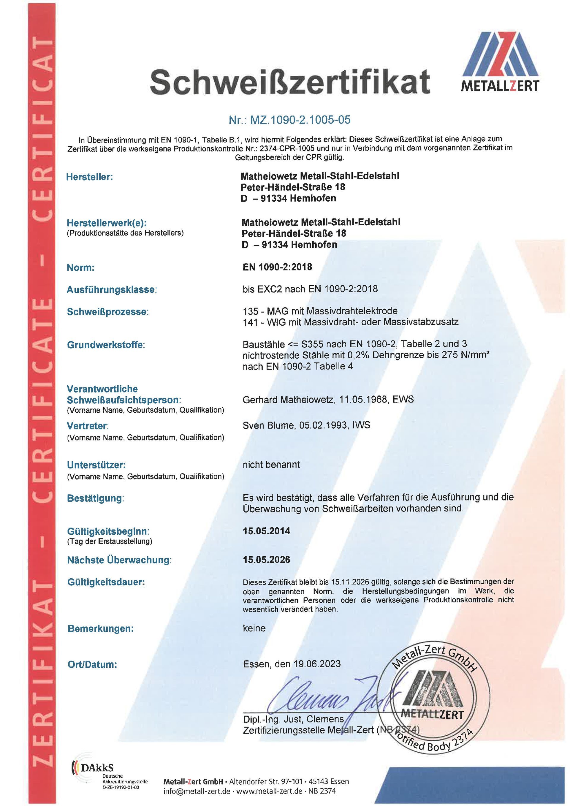 Zertifikat Schweiß Zertifikat