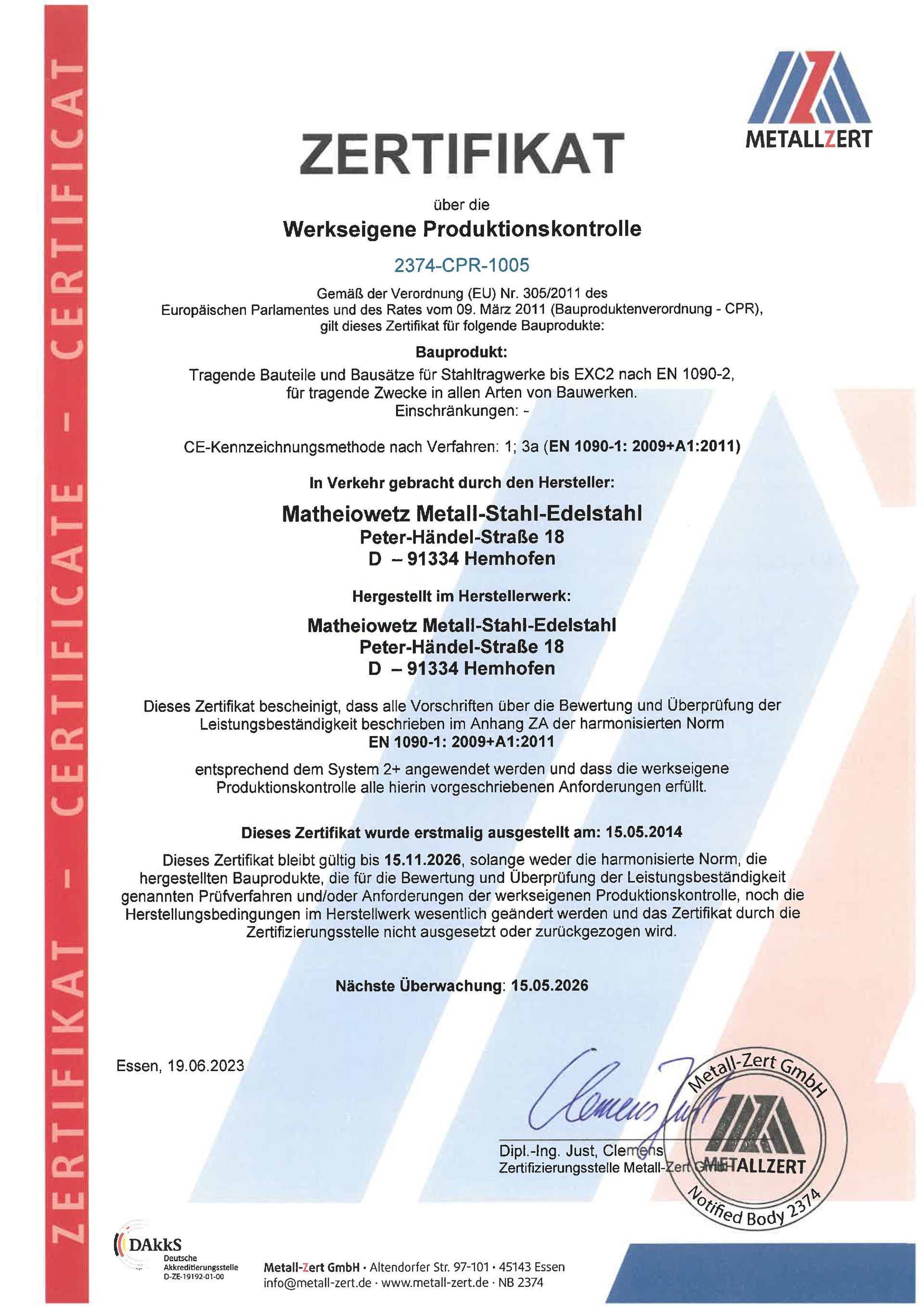 Zertifikat Werkseigene Produktionskontrolle