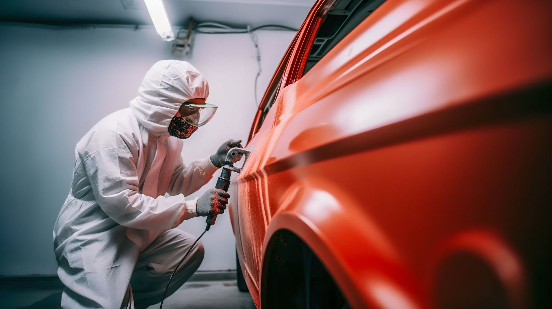 Un hombre con un traje protector está pintando con aerosol un automóvil rojo.