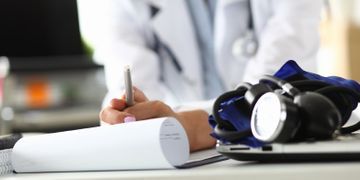 Un médico está sentado en un escritorio escribiendo en un trozo de papel.