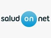 El logotipo de salud on net es un círculo azul con la palabra salud en él.