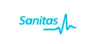 Un logotipo azul de Sanitas con un latido del corazón sobre un fondo blanco.