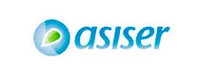Un logotipo azul y verde para asiser sobre un fondo blanco.