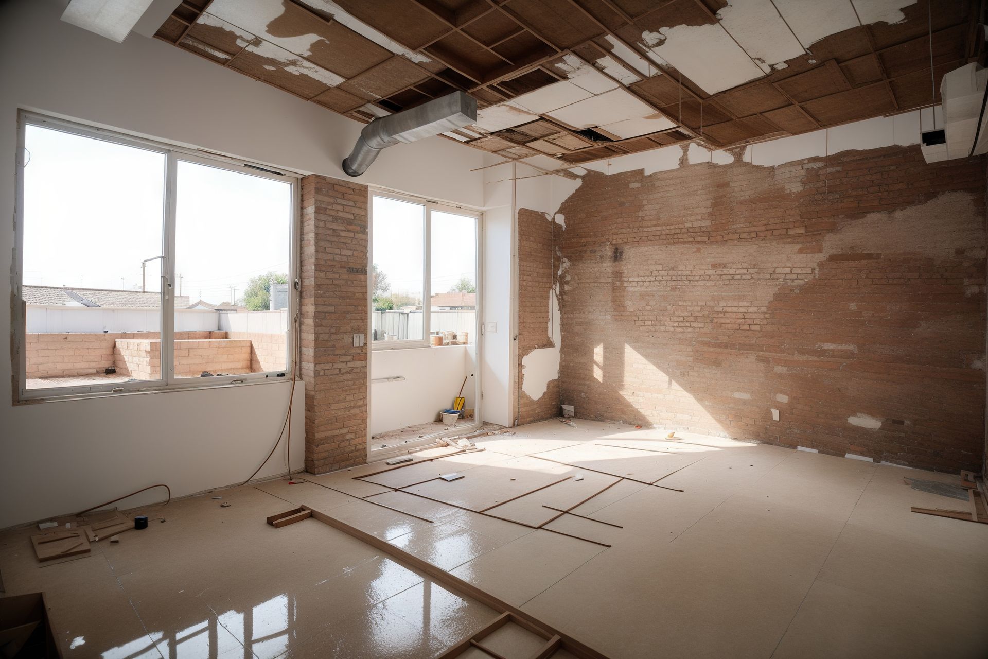 Habitación parcialmente reformada con paredes de ladrillo visto, techo dañado y luz natural que entra por grandes ventanales.