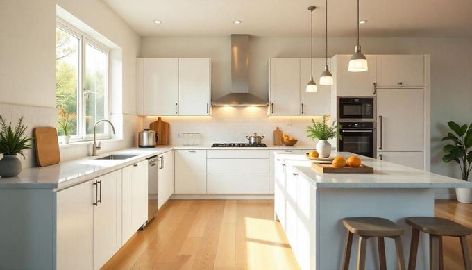 Cocina moderna y luminosa con armarios blancos, isla, lámparas colgantes y luz natural sobre suelos de madera.