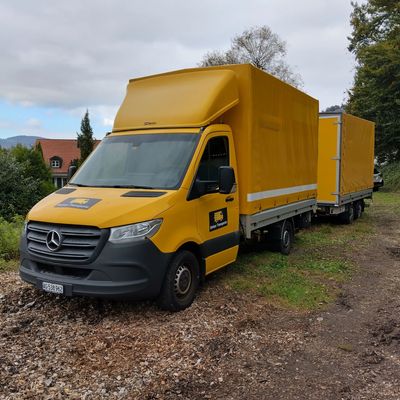 Ein gelber Mercedes-Kastenwagen parkt auf Schotter neben Bäumen und Gebäuden unter bewölktem Himmel