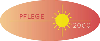 Logo mit „PFLEGE“ und „2000“ auf einem Oval mit einem Sonnenstrahl in der Mitte.