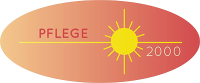 Logo mit dem Text „PFLEGE“, einem Sonnensymbol und „2000“ auf einem ovalen Farbverlaufshintergrund.