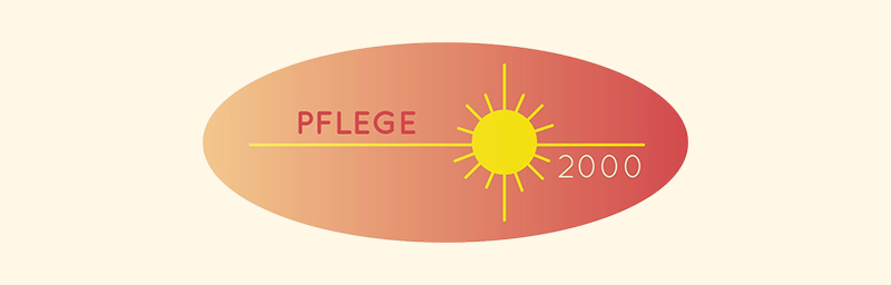 Logo mit „PFLEGE 2000“ auf einer ovalen, sonnenähnlichen Grafik in Orange und Gelb.