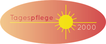 Logo mit dem Wort „Tagespflege“, einer stilisierten Sonne und „2000“ auf einem ovalen Farbverlaufshintergrund.