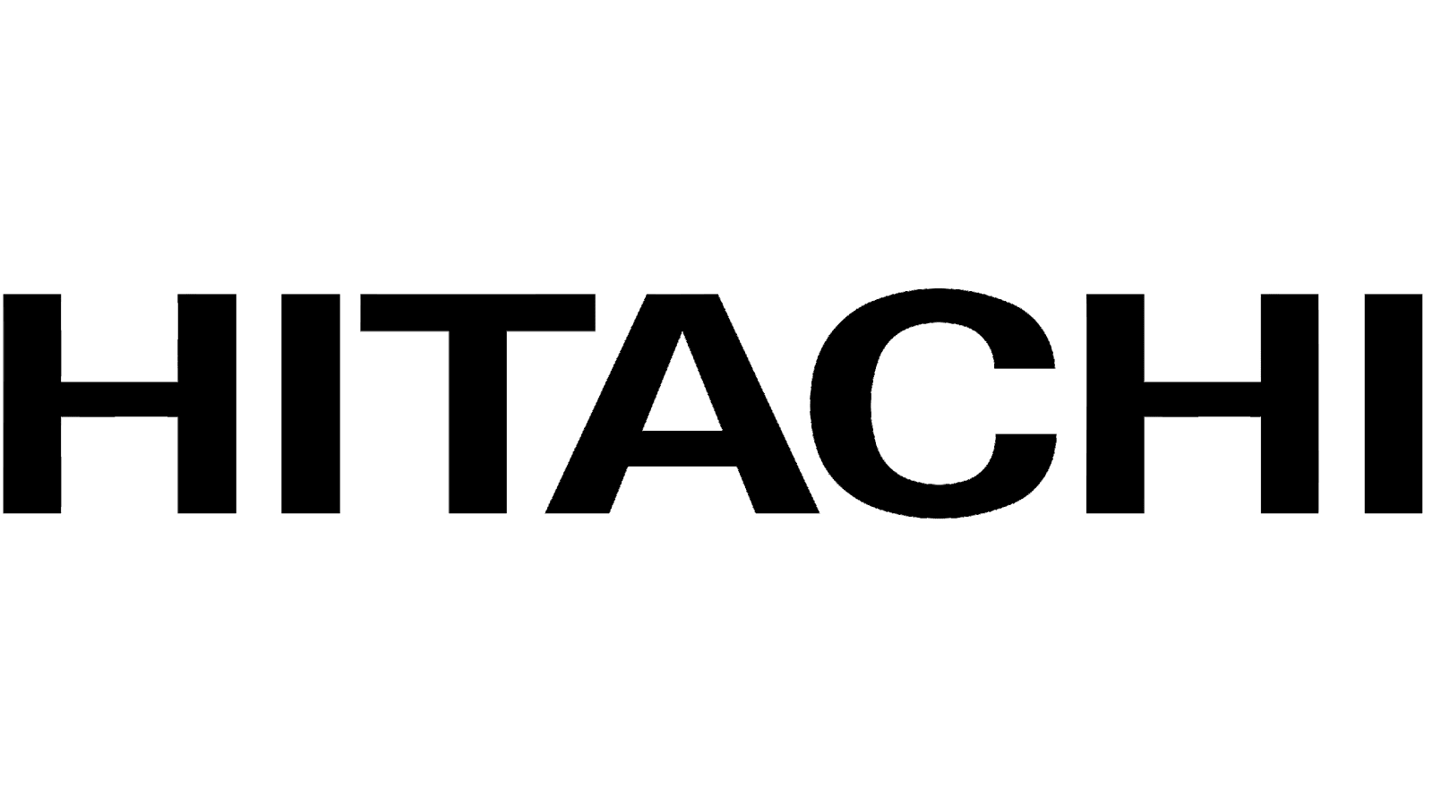 El logotipo de Hitachi es blanco y negro sobre un fondo blanco.