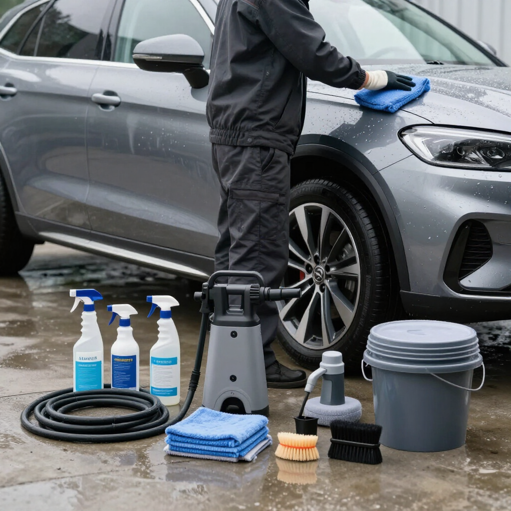Una persona lavando un coche plateado con productos de limpieza, un cubo, mangueras y toallas en el suelo