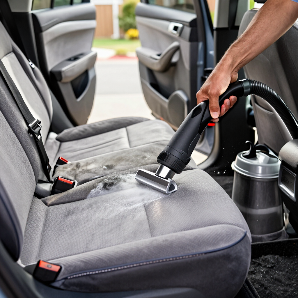 Aspirando con una aspiradora de mano el asiento gris de un coche con la puerta abierta