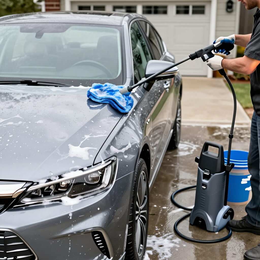 Una persona limpiando con agua a presión un sedán gris en una entrada, con paños azules sobre el capó y equipo de limpieza cerca