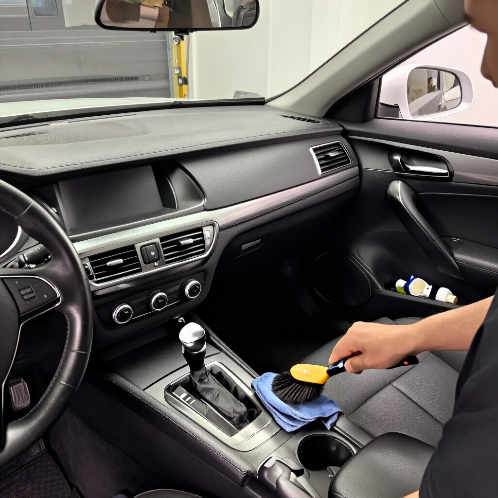 Persona limpiando el interior de un coche con un paño azul y una esponja amarilla en el asiento del pasajero