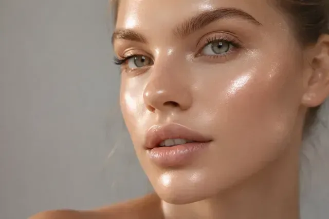 Primer plano del rostro de una persona con piel radiante y luminosa, maquillaje suave