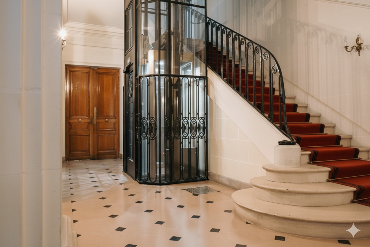 Vieil ascenseur à côté d'un escalier