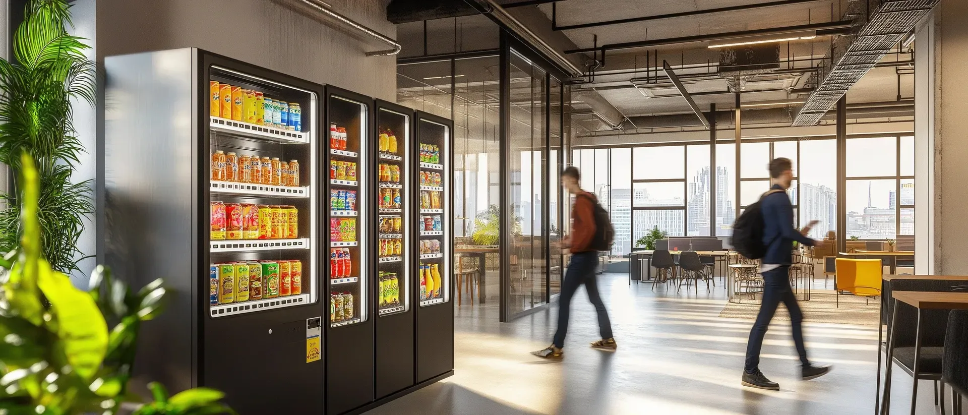 Ein Mann geht in einem Büro an einem Verkaufsautomaten vorbei.